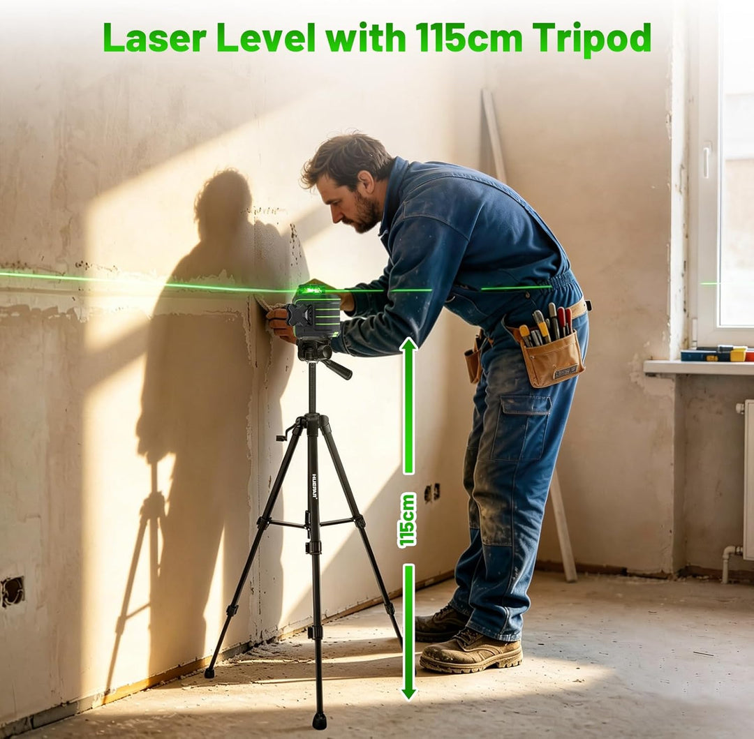 Huepar 1,5m Sturzfest 3x360° Grüner Kreuzlinienlaser Selbstnivellierend, 12 Linien mit Pulsmodus, Ma