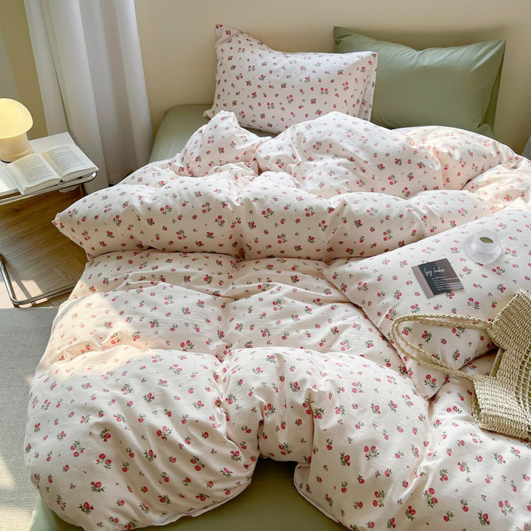 Freyamy Blumen Bettwäsche 135x200cm 2teilig Beige Rot Grün Floral Mädchen Wende Bettwaren-Sets Blume