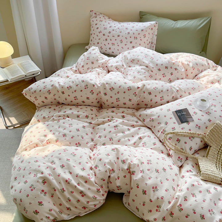 Freyamy Blumen Bettwäsche 135x200cm 2teilig Beige Rot Grün Floral Mädchen Wende Bettwaren-Sets Blume