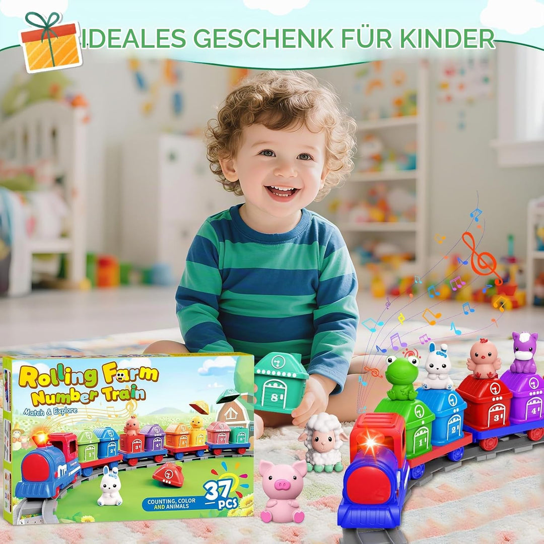 Eisenbahn-Set für Kleinkinder – Lernspielzeug ab 1-3 Jahr, Schienenspielset mit Bauernhoftieren &amp; Fi