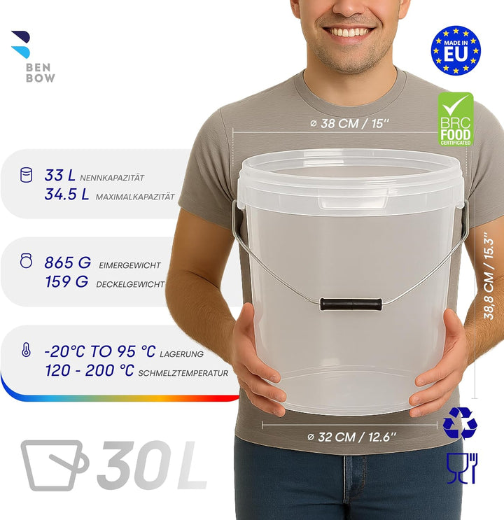 BenBow Eimer mit Deckel 30l transparent 5X 30 Liter - lebensmittelecht, stabil, luftdicht, auslaufsi
