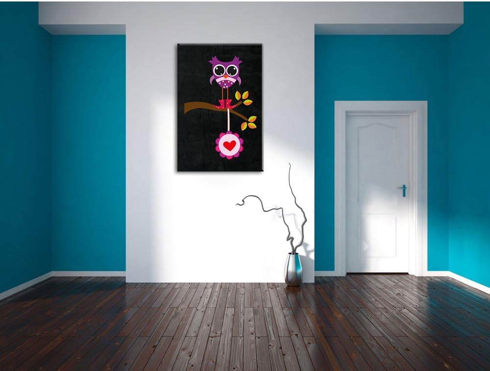 Pixxprint Süsse Eule auf AST mit Anhänger als Leinwandbild/Grösse: 100x70 cm/Wandbild/Kunstdruck/fer