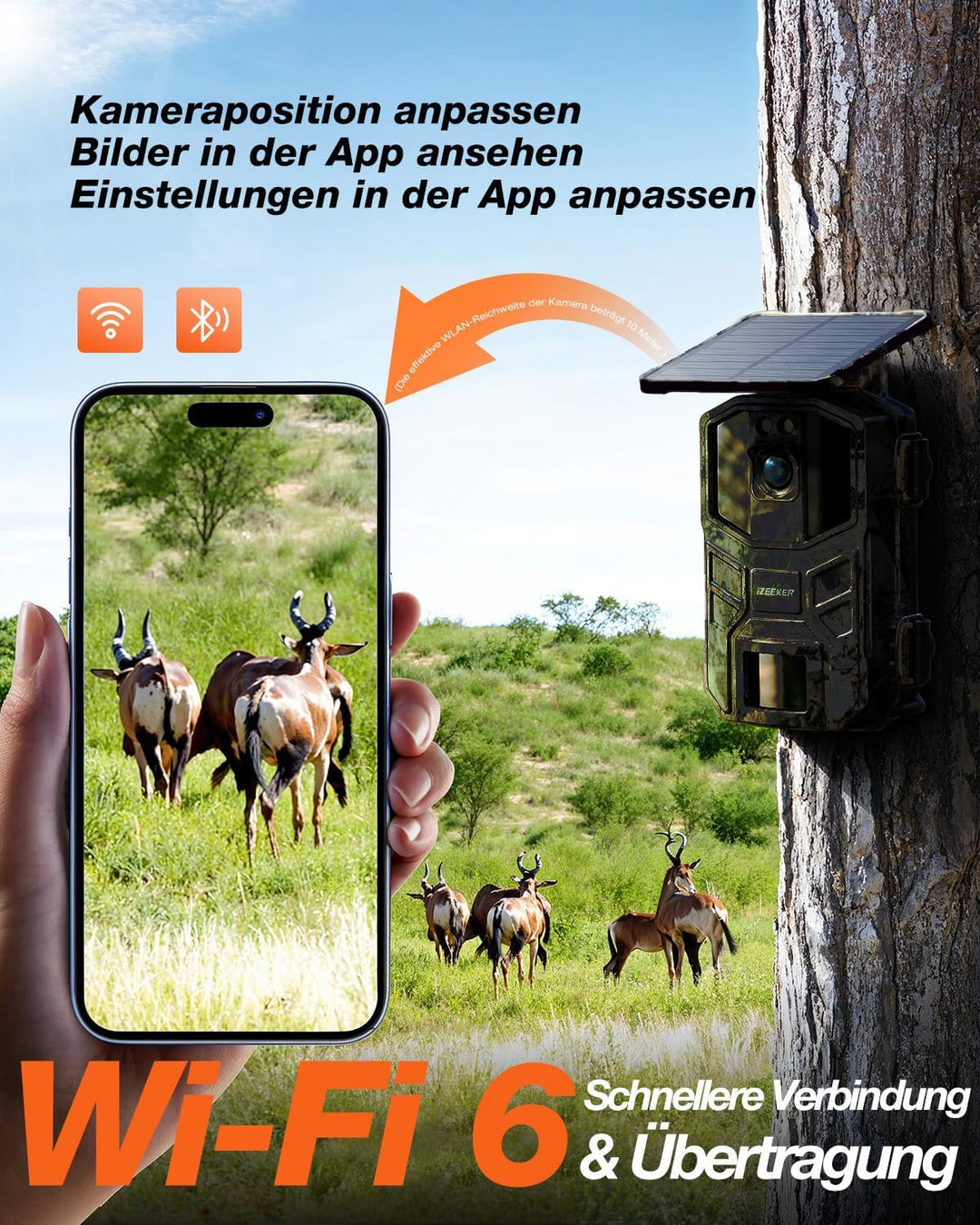 iZEEKER Solar Wildkamera WLAN, 4K 64MP Bluetooth Wildkamera mit Bewegungsmelder Nachtsicht 0,1 s Aus