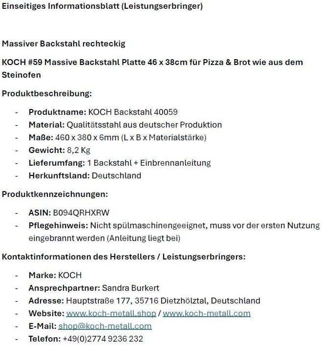 KOCH #59 Backstahl Platte 46 x 38cm für perfekte Pizza & Brot - MASSIV 6mm Stärke - 8,2 KG Pizzablec