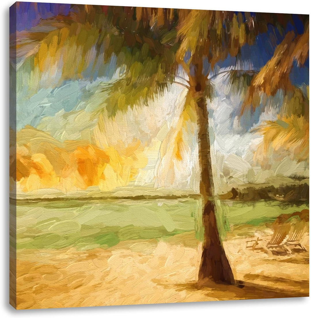 Pixxprint Palmen am Strand als Leinwandbild/Grösse: 70x70 cm/Wandbild/Kunstdruck/fertig bespannt, 70
