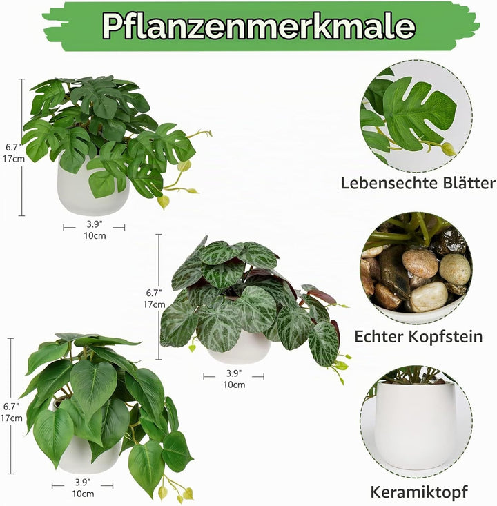 3er-Set Kunstpflanze Hängend Deko Pflanzen im Keramiktopf Mini Kunstpflanze Monstera und Philodendro