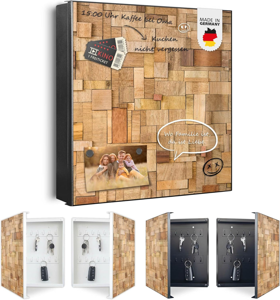 banjado® Grosser Schlüsselkasten Glas/Schlüsselbox 30cm x 30cm mit 50 Haken - Motiv Hölzernes Flickw