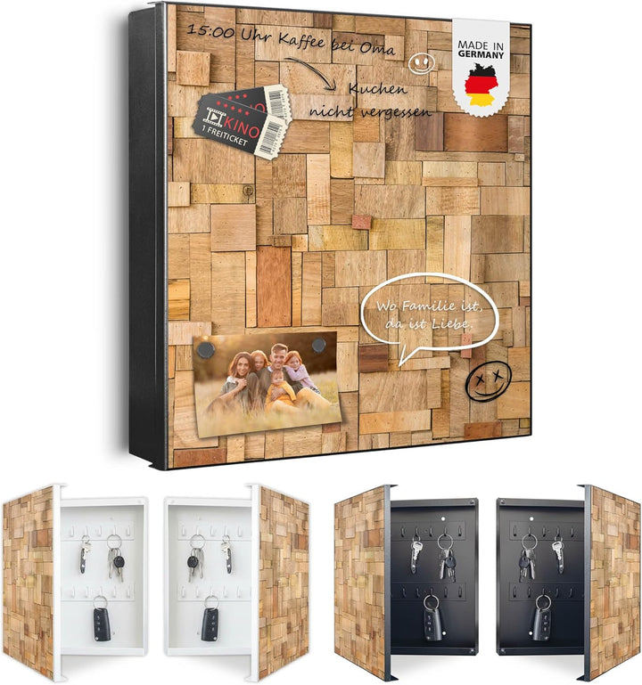 banjado® Grosser Schlüsselkasten Glas/Schlüsselbox 30cm x 30cm mit 50 Haken - Motiv Hölzernes Flickw