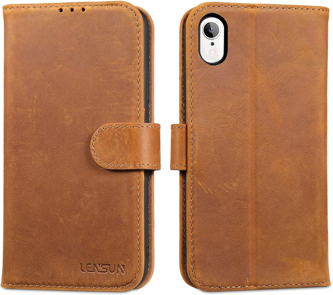 LENSUN Echtleder Hülle für iPhone XR, Handyhülle [Echtes Leder][Magnetverschluss][RFID Schutz] Handy