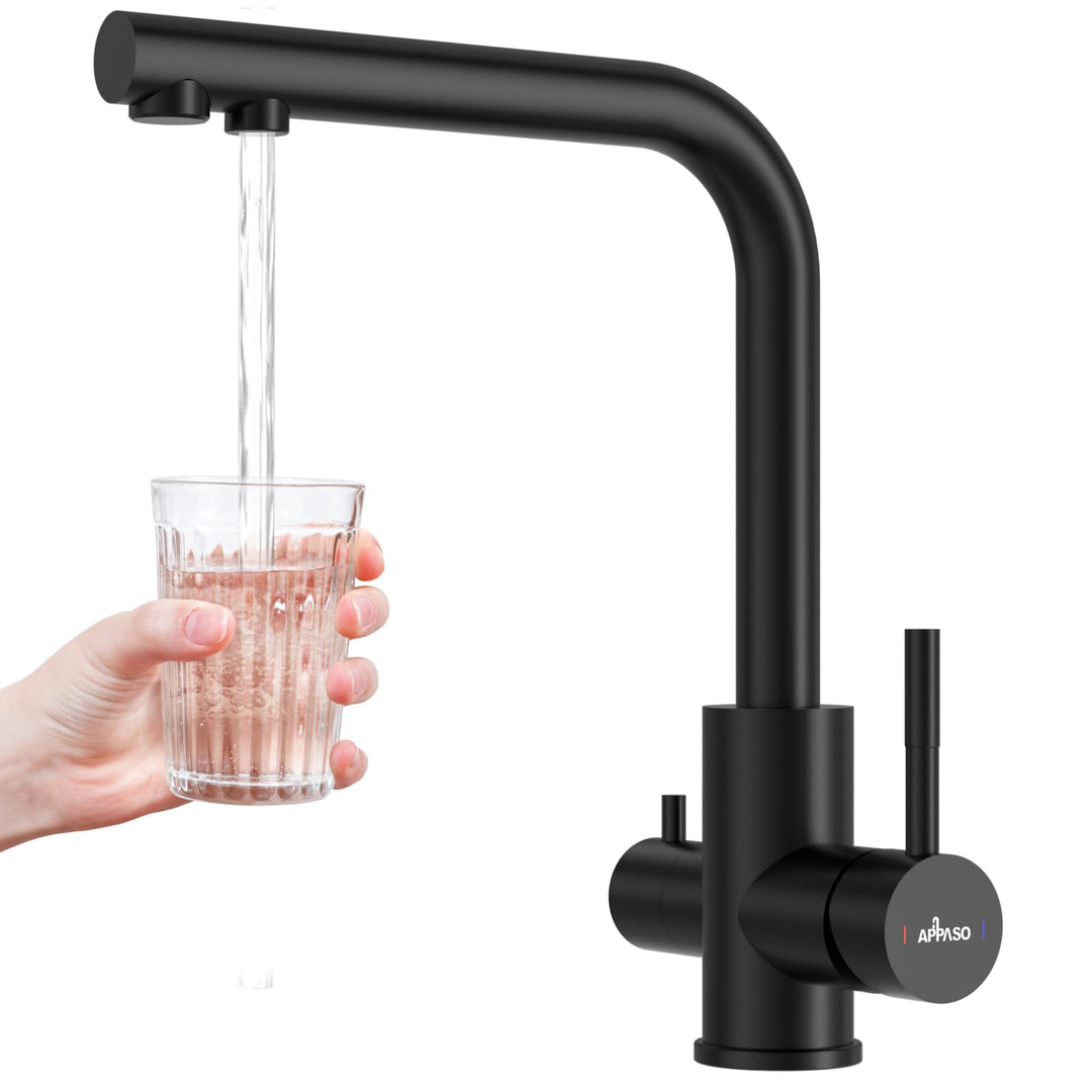 APPASO 3 Wege Wasserhahn Küche, Schwarz 3 in 1 Mischbatterie Küche für Wasserfilter, 360° Drehbar 3