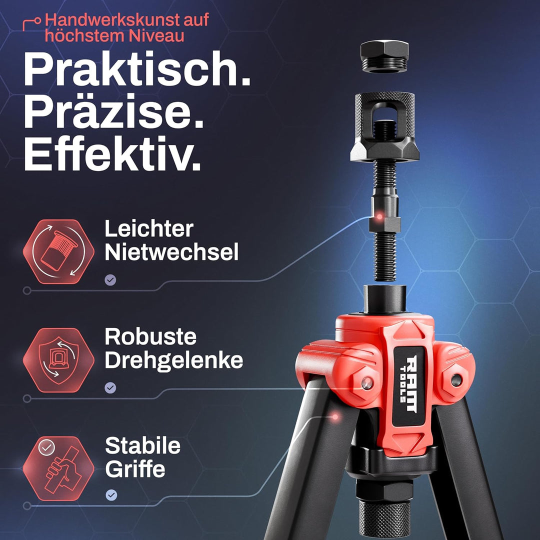 RAM TOOLS® Nietmutternzange, Nietzange Set inkl. 70 Nietmuttern, MIT Bohrloch/-grössentabelle, Dorne