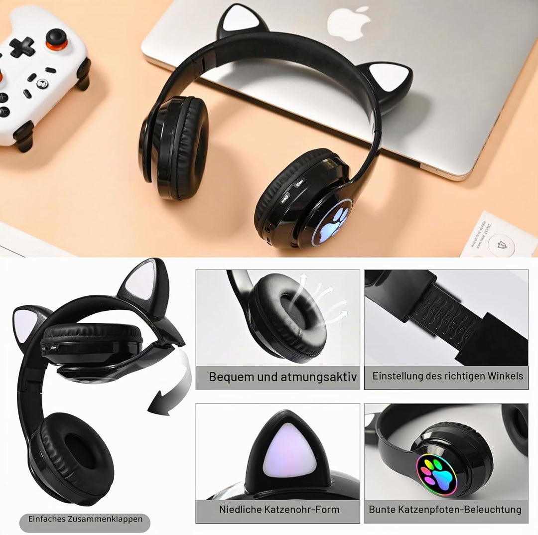 OHAANYY Katzenohr Kopfhörer Kindergeburtstag Geschenke Kind LED Katzenohren Einhorn Bluetooth Kabell