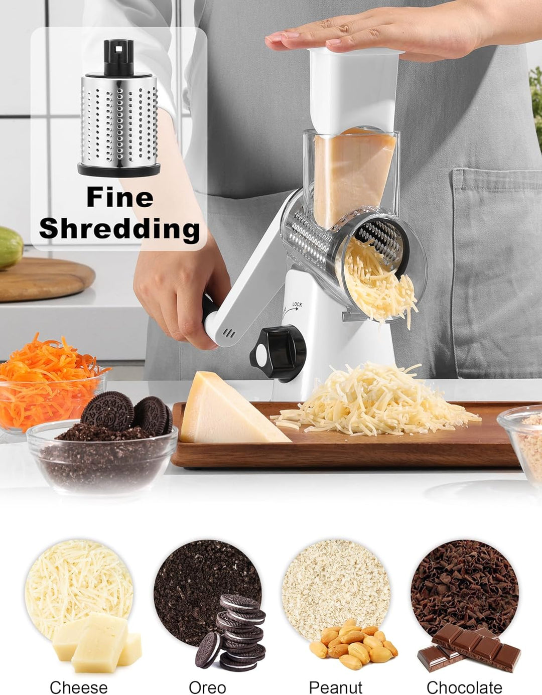GDL Käsereibe mit Kurbel, Gemüsehobel mit 3 austauschbaren Trommelklingen, Reibe Küche Schnelles Sch