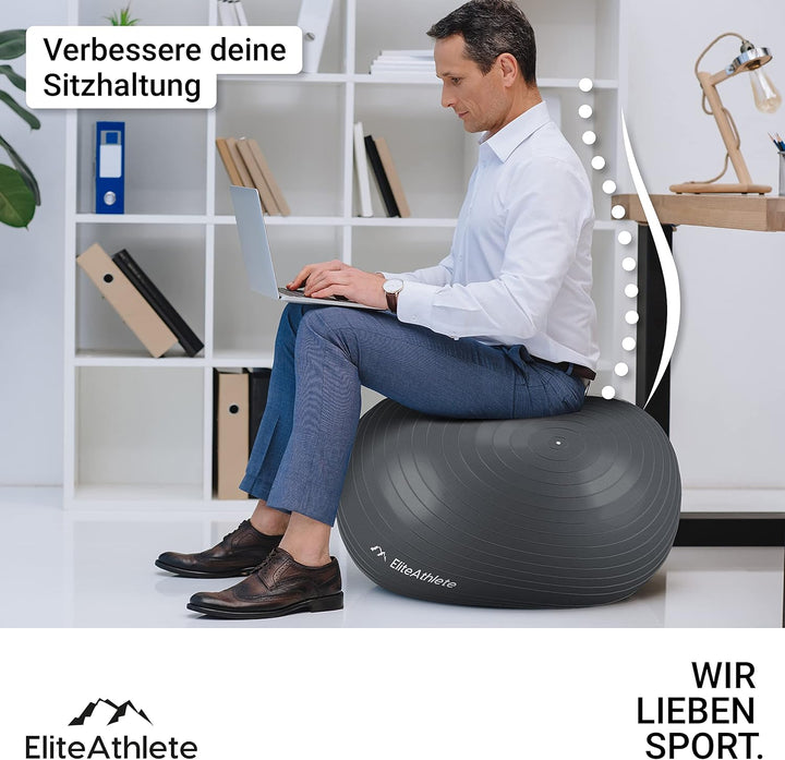 EliteAthlete Gymnastikball Sitzball Büro ergonomisch mit Anti Burst System - Fitness Pilates Schwang