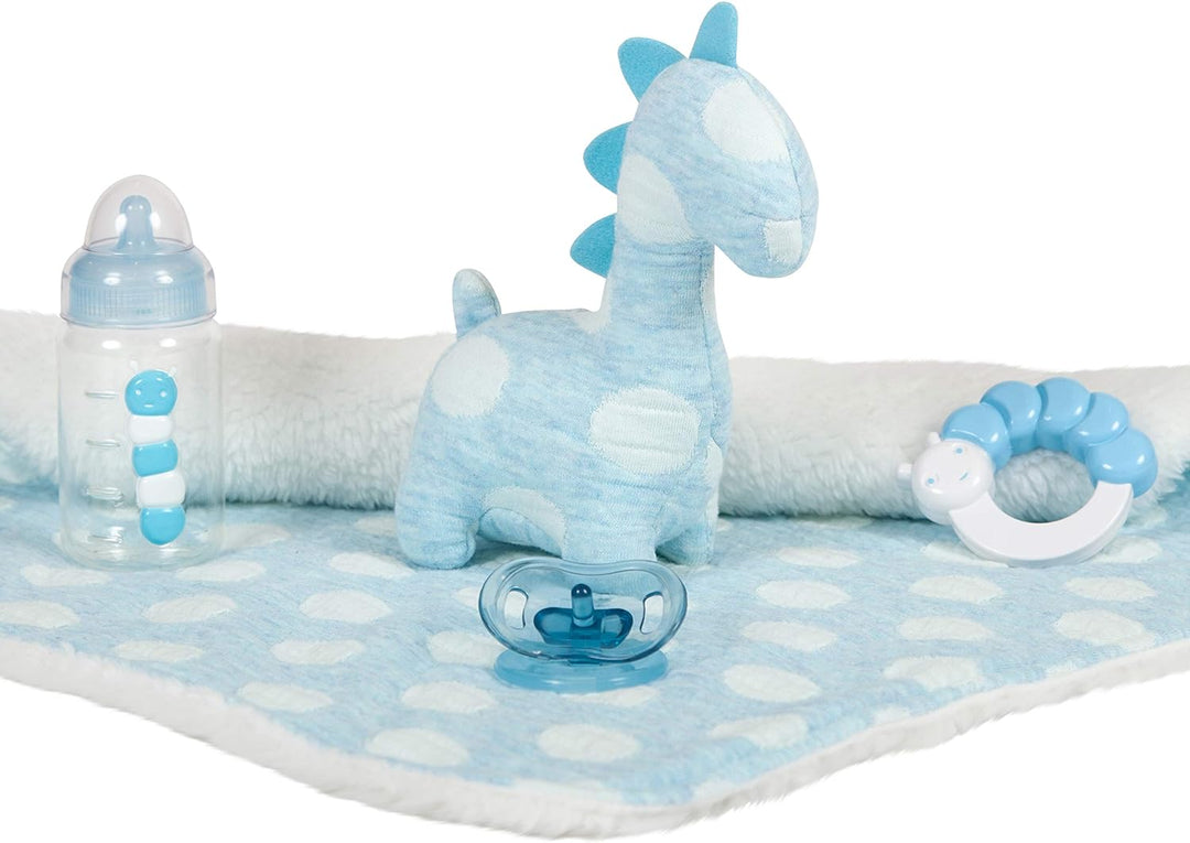 JC TOYS - La Newborn Babypuppe 38 cm aus weichem Vinyl, inklusive Kleidung, Dinosaurier-Plüsch und 4