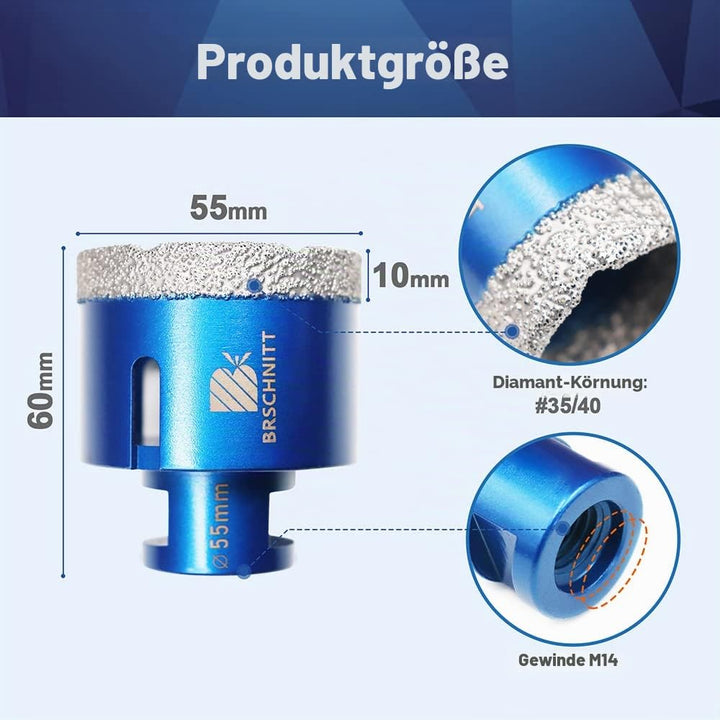 Diamant Fliesenbohrer 55mm - M14 Diamantbohrer Lochsäge für Fliesen Porzellan Keramik Marmor Granit
