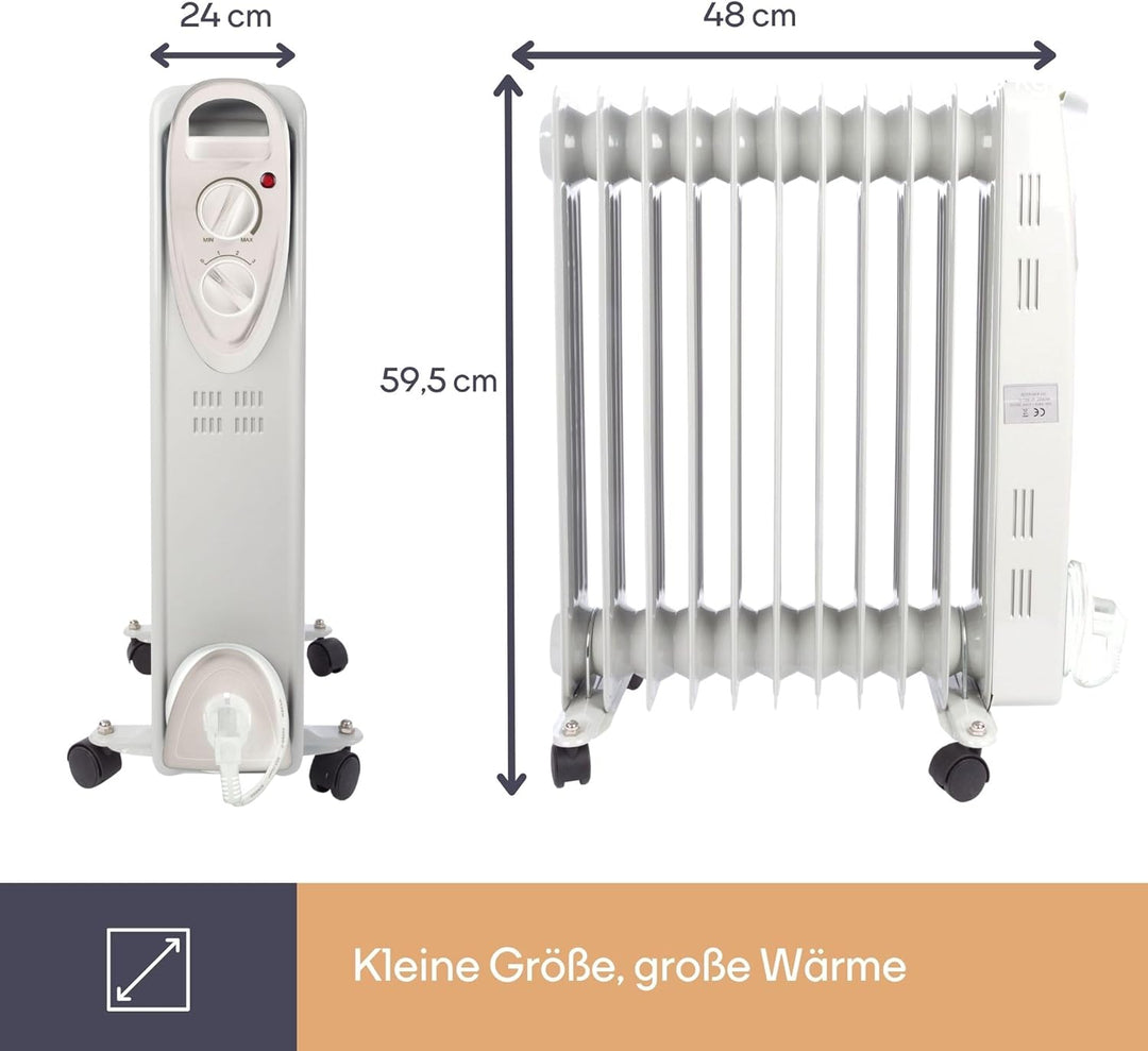 Perel 2500W Ölradiator mit 11 Rippen, 3 Heizstufen, einstellbarem Thermostat, Griff, Rädern, Überhit
