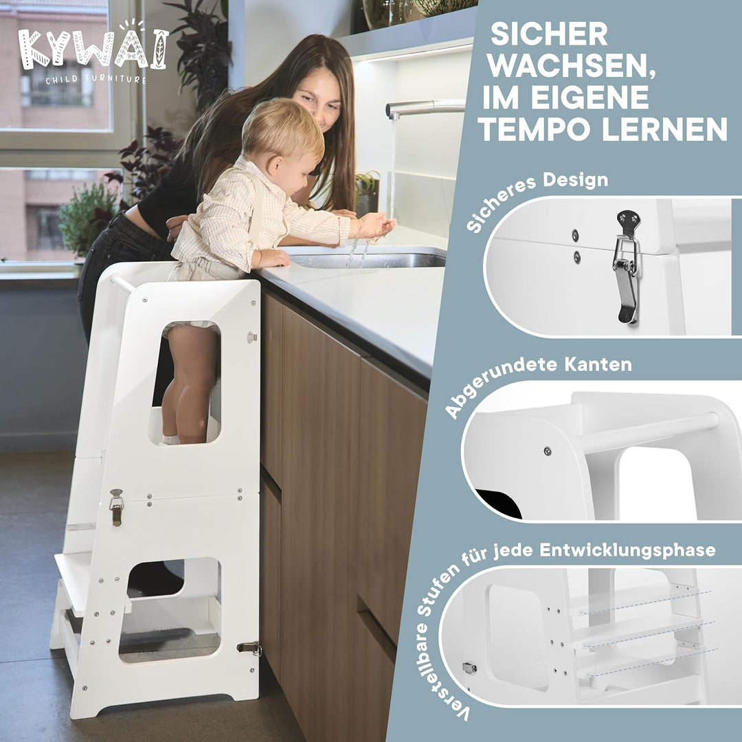 Montessori Lernturm ab 1 Jahr Klappbar Gross– 2-in-1 Premium Learning Tower & Tisch – Lernturm klapp