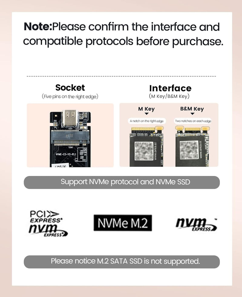 ORICO M.2 NVMe SSD Gehäuse Aluminium 10Gbps USB C USB 3.2 Gen 2 10Gbps, Externe NVMe USB Adapter für