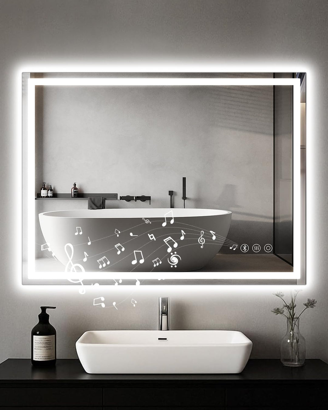 Badspiegel mit Beleuchtung 60 x 80 cm, LED Badspiegel mit Bluetooth, Anti-Fog, Touch-Schalter, Memor