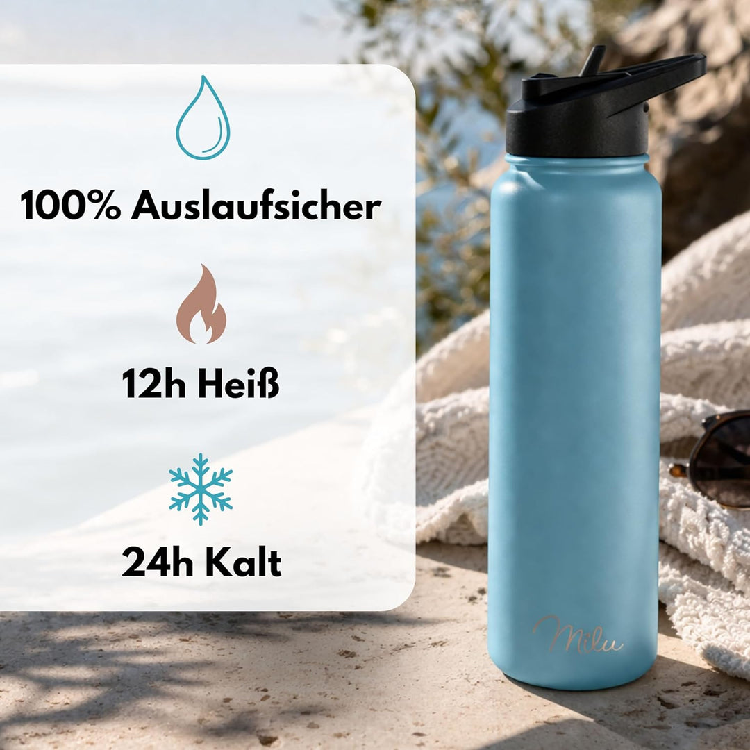 Milu Edelstahl Trinkflasche 500ml 750ml 1000ml (+3 Deckel) - Thermosflasche mit Strohhalm, Isolierte