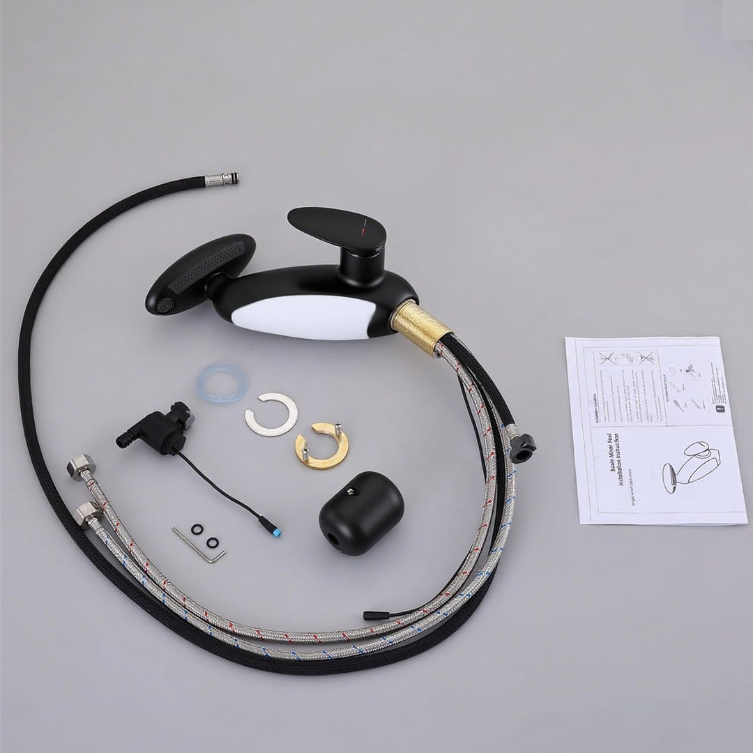 Wasserhahn Bad 4 Modus, LED Waschtischarmatur mit ausziehbarer brause, Wasserfall Mischbatterie Bad,