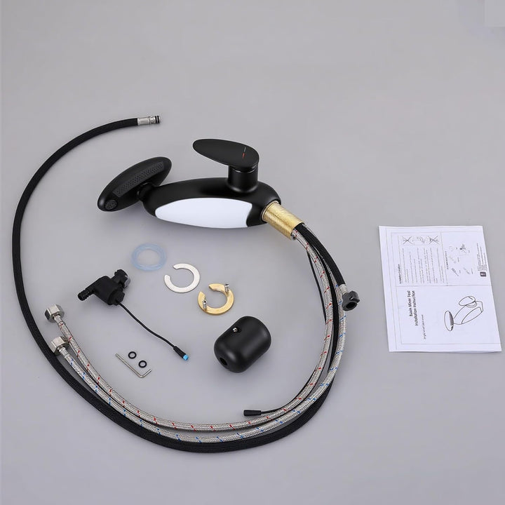Wasserhahn Bad 4 Modus, LED Waschtischarmatur mit ausziehbarer brause, Wasserfall Mischbatterie Bad,