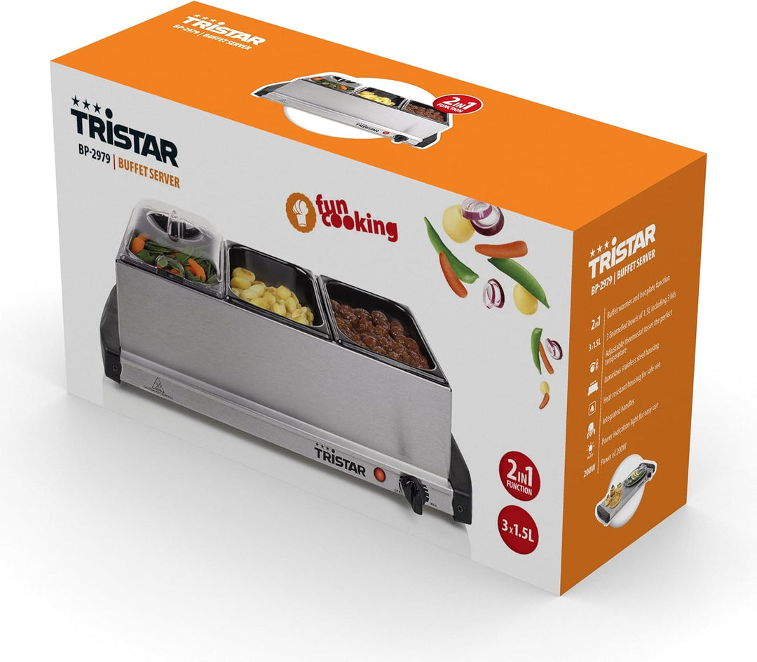 Tristar Edelstahl Buffetwärmer - mit einstellbarem Thermostat, 3 x 1,5L Buffetbehälter, als Heizplat