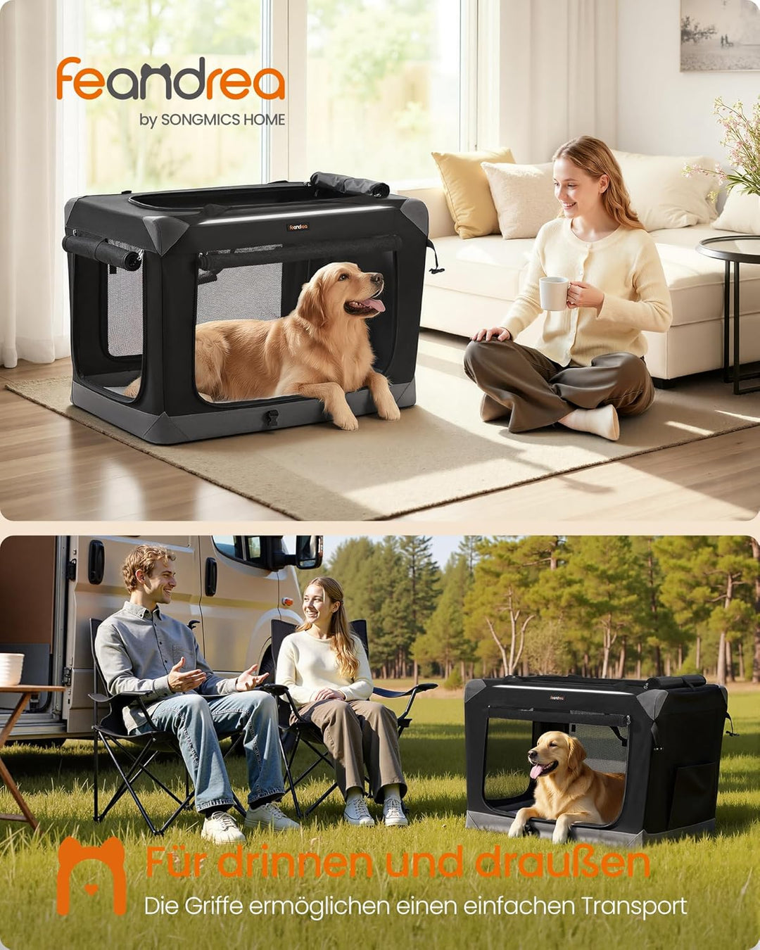 Feandrea Hundebox faltbar, Transportbox, Hundetasche, Oxford-Gewebe, mit 4 Türen aus Netzstoff, Grif