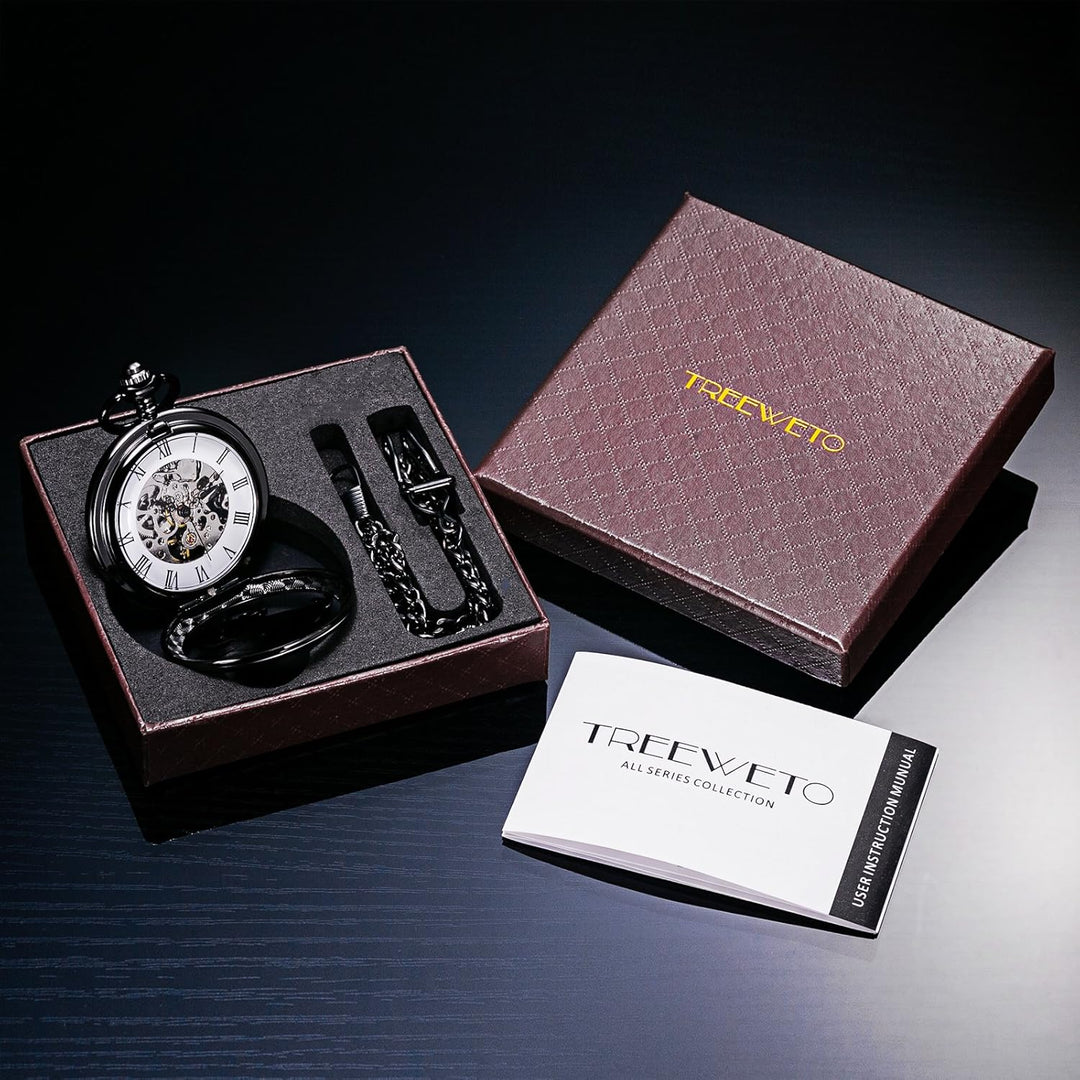 TREEWETO Unisex Taschenuhr mit Kette Analog Handaufzug Retro Pegasos Geflügeltes Pferd Schwarz