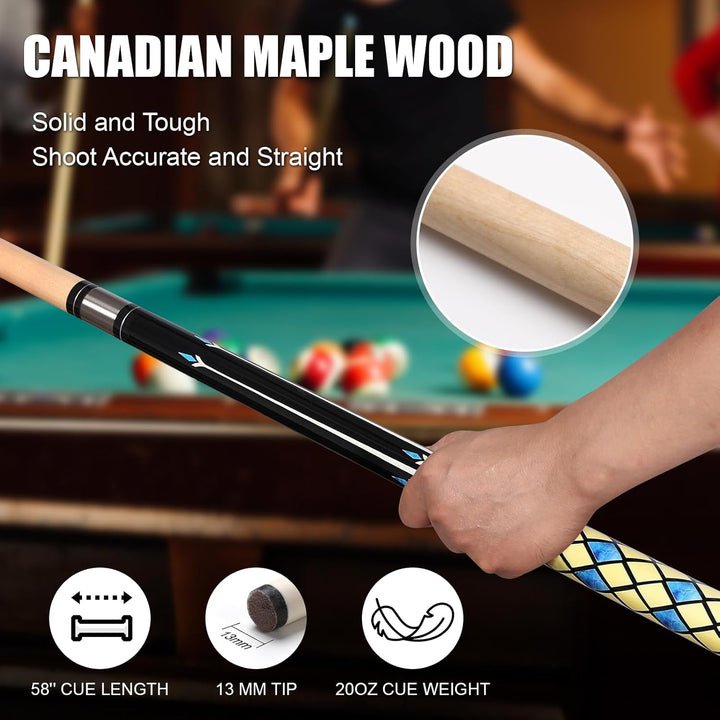 Billard Queue, 58'' 20oz Pool Queue mit PU Leather Tasche, Kanadischer Ahorn Pool Cue 13mm Spitzen f