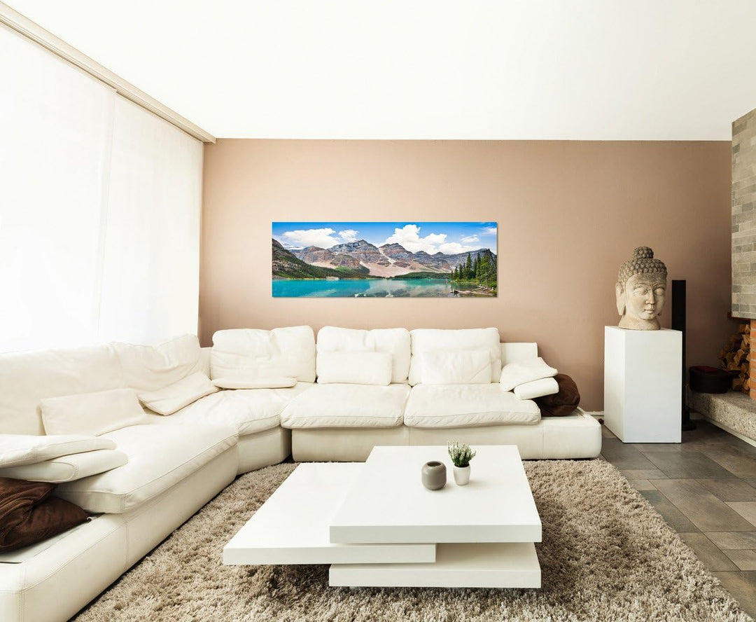Paul Sinus Art Panoramabild auf Leinwand und Keilrahmen 150x50cm Kanada Gebirge Waldsee Wolken Spieg