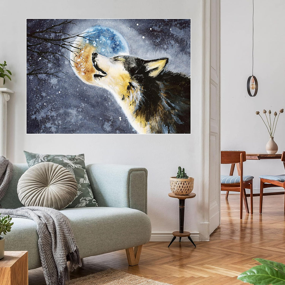 wandmotiv24 Poster als Wanddeko, Grösse 100x70cm, Heulender Wolf, Gemälde, Mond, Mitternacht, Tier,