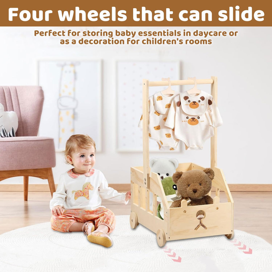 Babyparty Geschenk mit Holz Babykorb auf Rädern | Praktischer Baby Schrank mit Griff & 5 Regenbogen