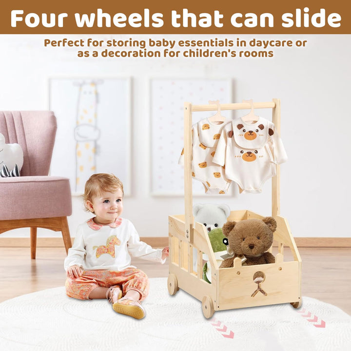 Babyparty Geschenk mit Holz Babykorb auf Rädern | Praktischer Baby Schrank mit Griff & 5 Regenbogen