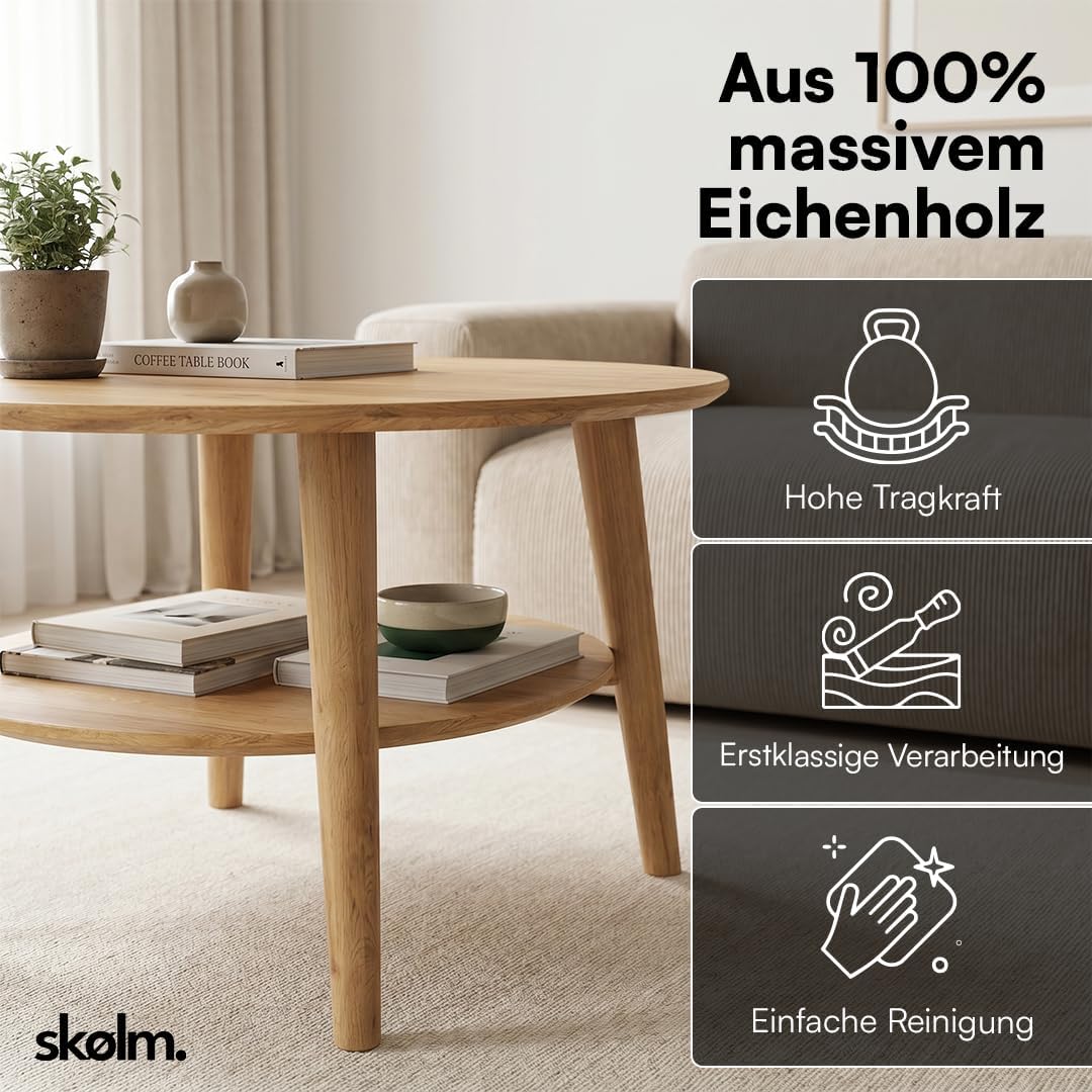 skølm Couchtisch rund Mjölnir, Wohnzimmertisch aus Eiche Massivholz, Beistelltisch für Wohnzimmer Du