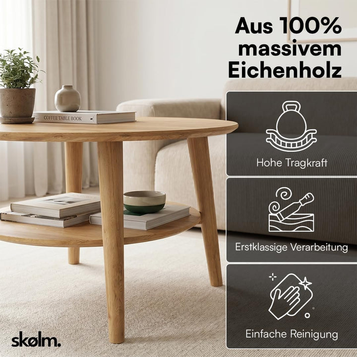 skølm Couchtisch rund Mjölnir, Wohnzimmertisch aus Eiche Massivholz, Beistelltisch für Wohnzimmer Du