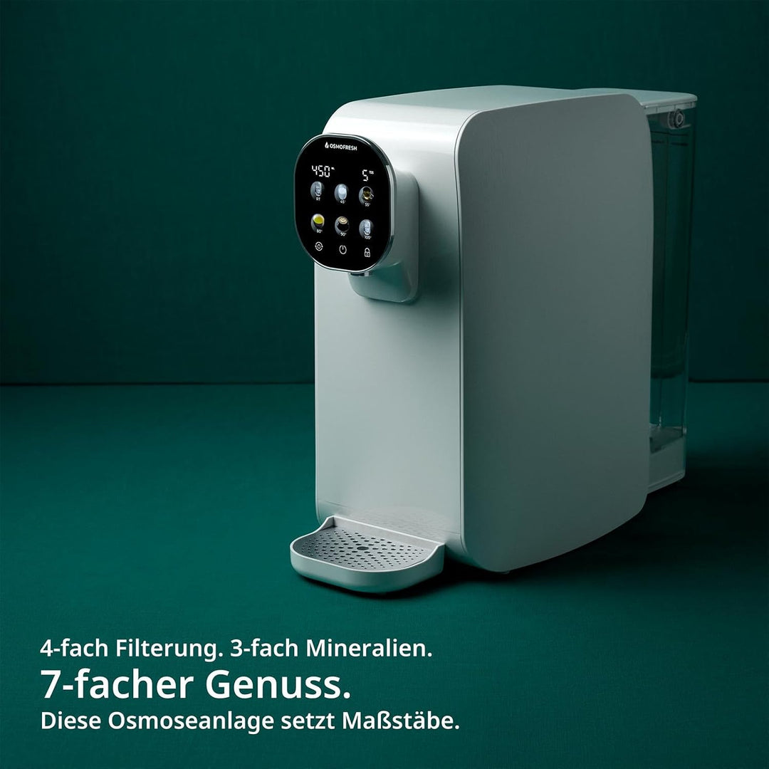 OsmoFresh Auftisch Osmoseanlage Quella Pro White | mit Heisswasserspender | 6 Temperaturstufen | 7-f