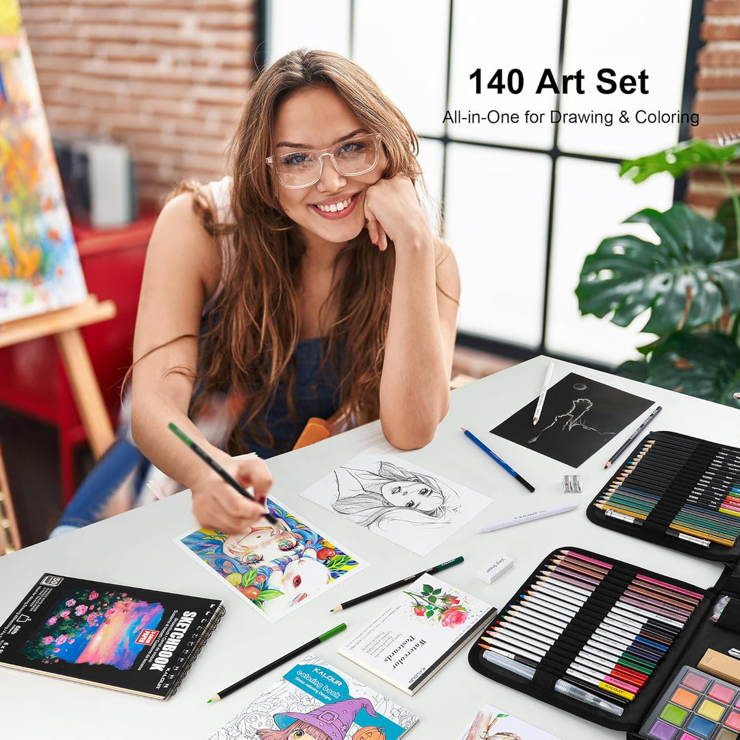 KALOUR Art Set, 140 Pieces Drawing and Painting Supplies, Colored Pencils, Watercolor, Sketchbook, C