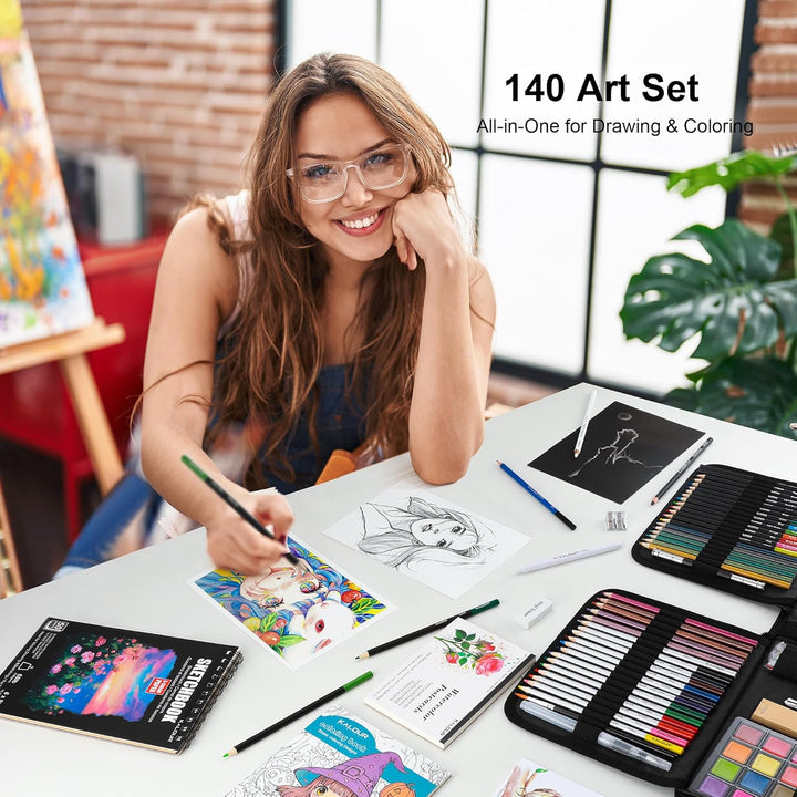 KALOUR Art Set, 140 Pieces Drawing and Painting Supplies, Colored Pencils, Watercolor, Sketchbook, C