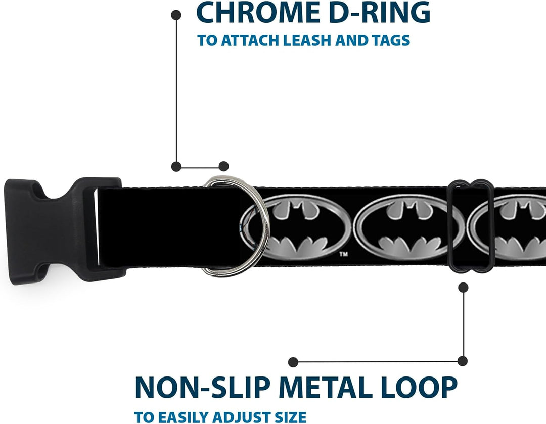 Buckle Down Batman Shield Schwarz/Silber Kunststoff Clip Halsband, NM - Fits 8-12"- 0.5" Wide