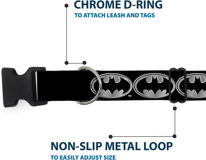 Buckle Down Batman Shield Schwarz/Silber Kunststoff Clip Halsband, NM - Fits 8-12"- 0.5" Wide