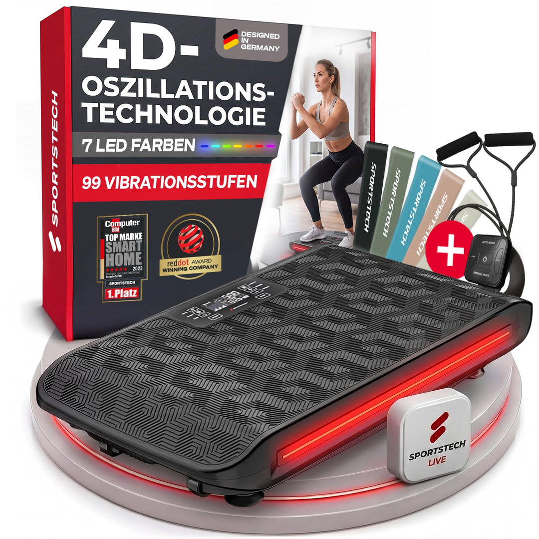 Sportstech 4D Vibrationsplatte für Zuhause, VP400 und sVibe, Smart LED, Trainingsbänder und Ropes, A