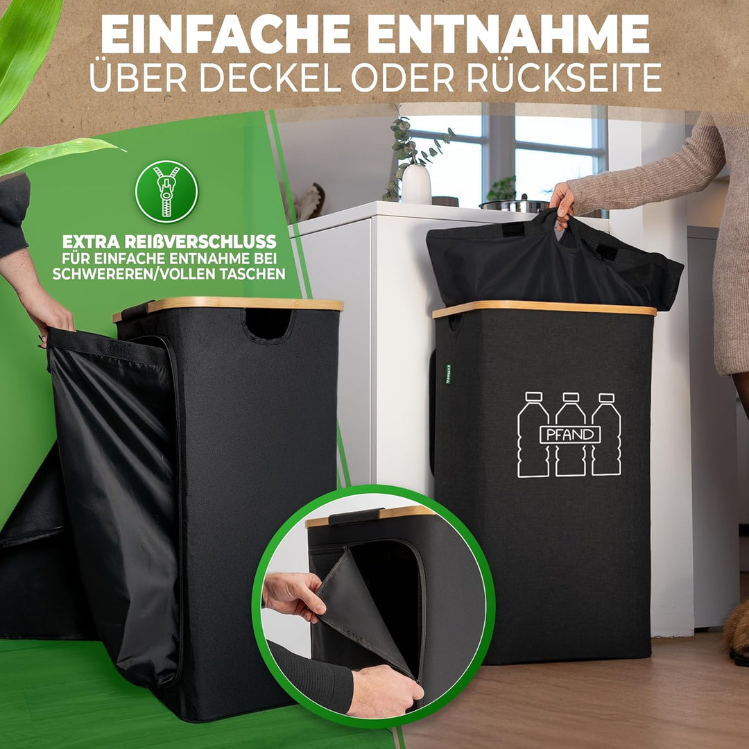 COTTARA® Pfandflaschen Sammelbehälter mit Deckel und Tragetasche | Pfandbehälter mit Loch drehbar |