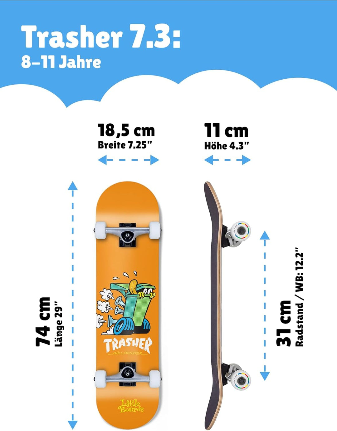 Skateboard für Kinder - hochwertiges Komplettboard für Anfänger ab 3 oder 4 Jahren, aus 7 Lagen Ahor