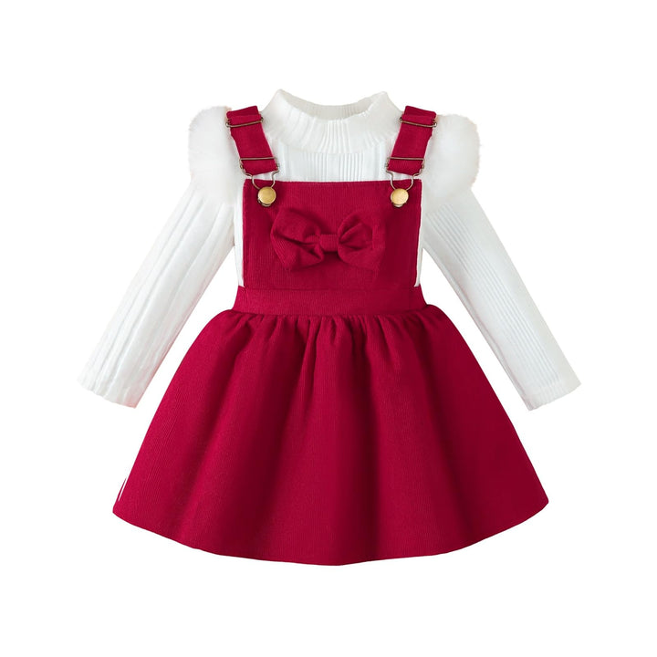 Kleinkind Baby Mädchen Kleidung Langarm Strick Rippenoberteile Schleife Cord Hosenträgerrock Kleid O