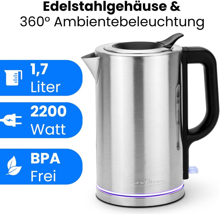 ProfiCook® Wasserkocher Edelstahl 1,7L | Ambiente-Beleuchtung | 2200W | Einhandbedienung | BPA frei