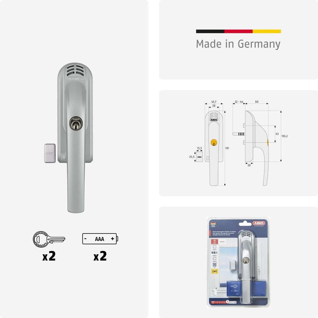 ABUS Abschliessbarer Fenstergriff FG300A - Fensterknauf mit Druckzylinder und Alarmfunktion, verschi