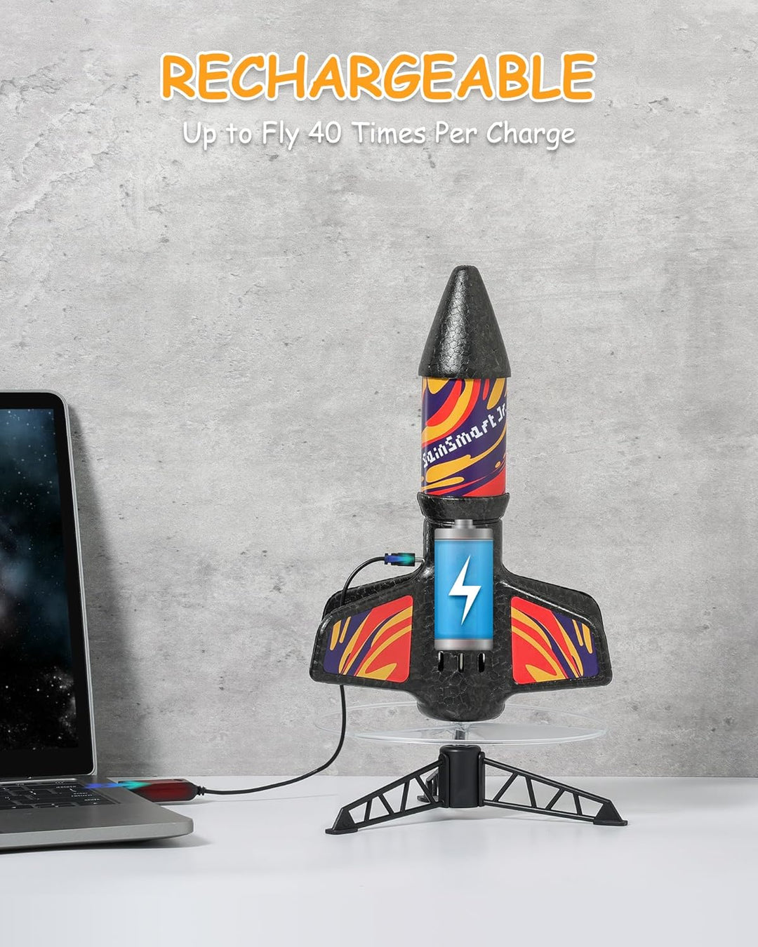 SainSmart Jr. Rakete Spielzeug mit Fallschirm, bis 61 m (Flame) | Motorisierte Rakete, Mit Fallschir