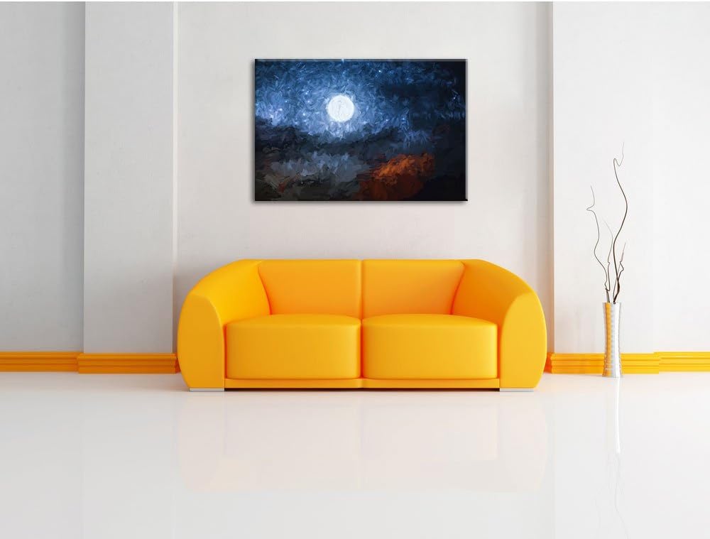 Pixxprint Leuchtender Mond am Nachthimmel Kunst Pinsel Effekt, Format: 100x70 auf Leinwand, XXL ries
